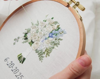 Embroidered Wedding Bouquet Hoop, Custom Wedding Gift, Personalized Bridal Keepsake, Anniversary Embroidery Art
