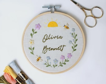 Personalized Baby Name Embroidery Hoop, Custom Newborn Gift, Bee Nursery Decor, Baby Shower Keepsake