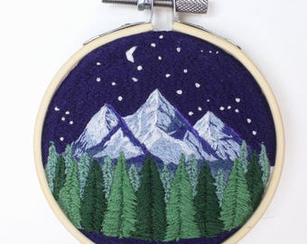 Hand Embroidered Mountain Night Landscape Hoop Art, Forest Nature Decor