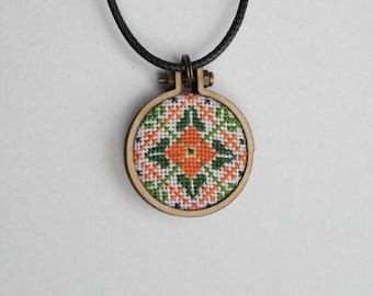 Mini Embroidery Pendant Necklace, Cross Stitch Ornament Jewelry