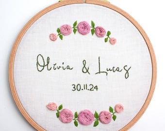 Personalized Wedding Hoop Art – Custom Embroidered Names and Date, Floral Anniversary Gift, Handmade Keepsake