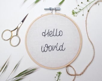 Hello World Embroidery Hoop, Handmade Baby Announcement Sign