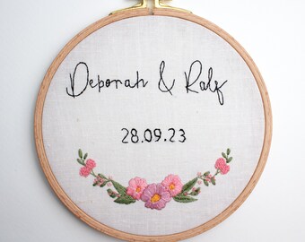 Custom Embroidered Wedding Hoop – Personalized Couple Names & Date, Anniversary Keepsake Gift