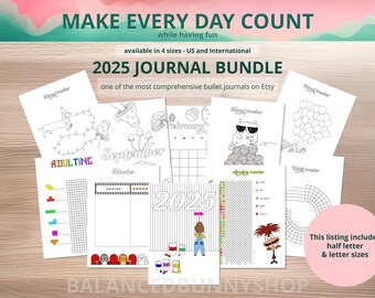 May include: A printable 2025 journal bundle with various pages including a calendar, habit tracker, mood tracker, and a movie tracker. The pages are black and white and feature illustrations of a cat, a dog, a mushroom, and a cartoon character. The text "MAKE EVERY DAY COUNT while having fun" is at the top of the image. The text "2025 JOURNAL BUNDLE" is in the middle of the image. The text "one of the most comprehensive bullet journals on Etsy" is below the title. The text "This listing includes half letter & letter sizes" is in the bottom right corner of the image.
