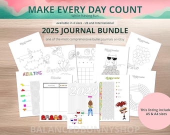 May include: A printable 2025 journal bundle with a variety of pages, including a calendar, habit tracker, mood tracker, and more. The pages are black and white and feature illustrations of mushrooms, a cat, a dog, and a cartoon character. The text "MAKE EVERY DAY COUNT while having fun" is at the top of the image. The text "2025 JOURNAL BUNDLE" is in the middle of the image. The text "one of the most comprehensive bullet journals on Etsy" is below the title. The text "This listing includes A5 & A4 sizes" is in the bottom right corner of the image.