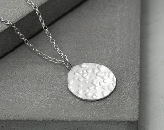 Full Moon Pendant, Silver Circle Necklace, hammered texture, celestial, minimalist jewellery