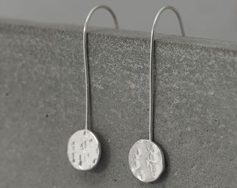 Full Moon Drop Earrings, dangly celestial earrings, long minimalist earrings, silver circle earrings with texture