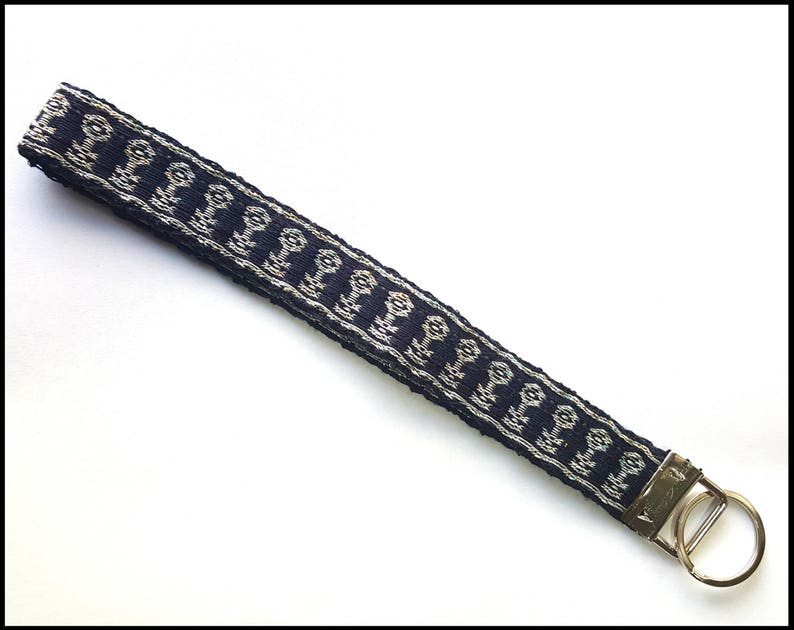 Skeleton Keys Tablet Weaving LanyardKey Chain Dark Blue Silver