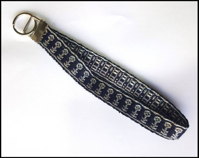 Skeleton Keys Tablet Weaving LanyardKey Chain Dark Blue Silver