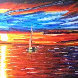 May include: A painting depicting a sailboat on a body of water at sunset. The sky is a vibrant mix of red, orange, yellow, and blue. The water is a deep blue with hints of red and orange reflecting the sunset.