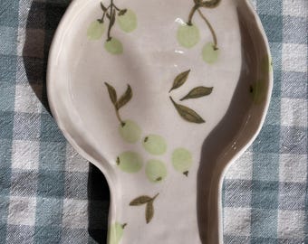 Handmade Ceramic Spoon Rest, Green Olive Illustration, Mediterranean Kitchen Decor