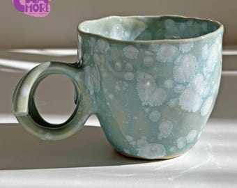Handmade Crystalline Glazed Stoneware Mug, Celadon Blue Tea Cup, Artisan Pottery, 7oz Coastal Decor