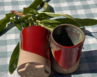 Handmade Stoneware Espresso Cup, Red Teal Glaze, Star Base Tumbler
