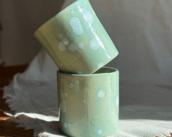 Handmade Green Porcelain Cups Set of 2, Unique Green White Crunchy Artisan Mug