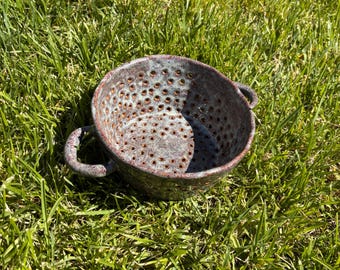 Handmade Stoneware Colander, Unique Textured Ceramic Strainer with Handles, Rustic Kitchen Decor