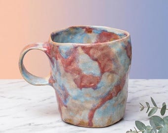 Handmade Wabi Sabi Ceramic Mug, Textured Blue Rust Stoneware Coffee Cup (10oz)