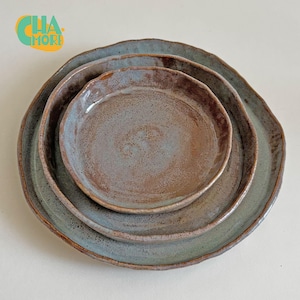 Handmade Ceramic Nesting Plates: Wabi Sabi Rustic Dinnerware, Blue Glaze
