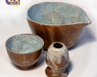 Handmade Ceramic Matcha Tea Set: Rustic Blue Brown Chawan Bowl