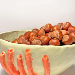 Puede incluir: Un cuenco de cer&aacute;mica verde claro lleno de avellanas marrones. El cuenco presenta dise&ntilde;os naranjas con forma de mano en el exterior. Las avellanas son marrones y tienen una superficie texturizada.
