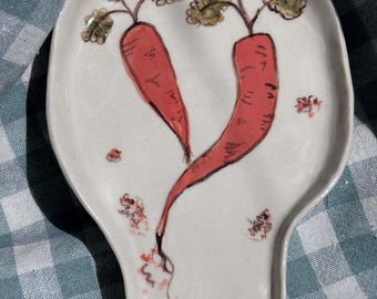 Handmade Ceramic Spoon Rest, Carrot Illustration, Farmhouse Kitchen Decor, Rustic Pottery Holder