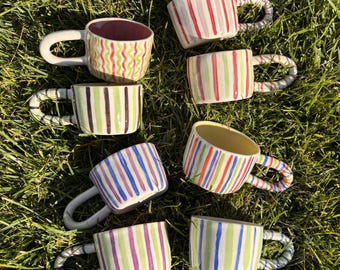 Hand-Shaped Striped Ceramic Mug, Colorful Pottery Coffee Cup, Stoneware Tea Cup
