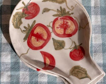 Handmade Ceramic Spoon Rest, Tomato Illustration, Garden Kitchen Decor, Pottery Holder