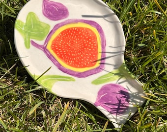 Handmade Ceramic Spoon Rest, Fig Illustration, Garden Kitchen Decor, Pottery Holder