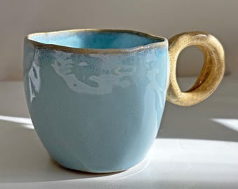 Handmade Light Blue Ceramic Mug, Spiral Handle, Organic Pottery