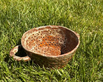 Handmade Stoneware Colander, Unique Textured Ceramic Strainer with Handles, Rustic Kitchen Decor
