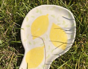 Handmade Ceramic Spoon Rest, Lemon Illustration, Garden Kitchen Decor, Pottery Holder
