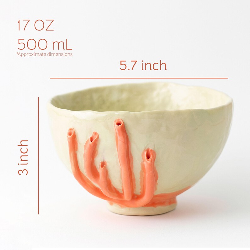 Puede incluir: Cuenco de cer&aacute;mica color crema con protuberancias color salm&oacute;n en forma de coral. El cuenco mide 14,5 cm de ancho y 7,6 cm de alto, con una capacidad de 500 ml. El cuenco hecho a mano tiene una superficie texturizada y un dise&ntilde;o &uacute;nico.