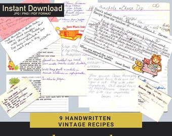 Instant Digital Download Vintage Recipe Cards, Printable, Handwritten Recipe Cards, Instant Downloadable Dip Recipes Nine (9) Index Cards