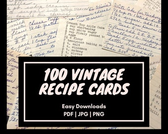 100 Antique Recipes, vintage ephemera pack, vintage recipe cards, old recipe cards, handwritten typed Digital Download