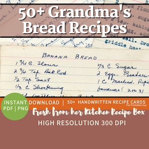 Ricette di pane d'altri tempi, pacchetto effimero vintage, carte di ricette vintage, vecchie carte di ricette, download digitale digitato a mano