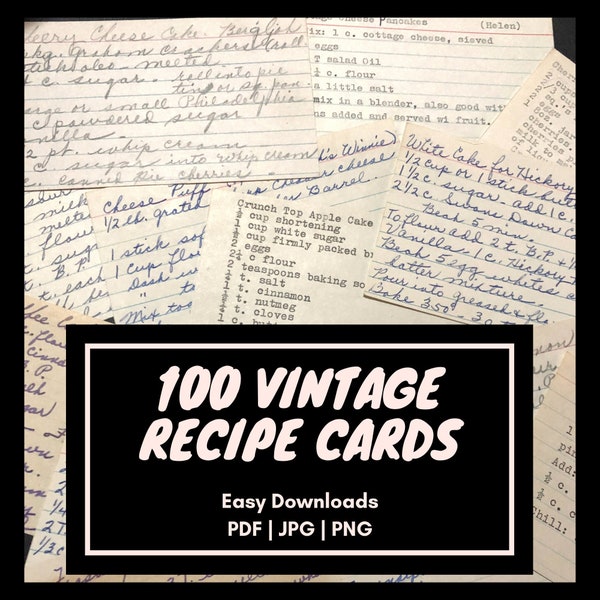 100 Antique Recipes, vintage ephemera pack, vintage recipe cards, old recipe cards, handwritten typed Digital Download