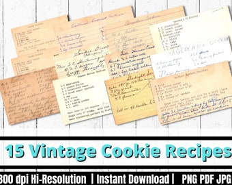 Vintage Cookie Recipe Cards Antique Grandma 1950 Cooking Recipes Junk Journal Scrapbooking Kit Printable