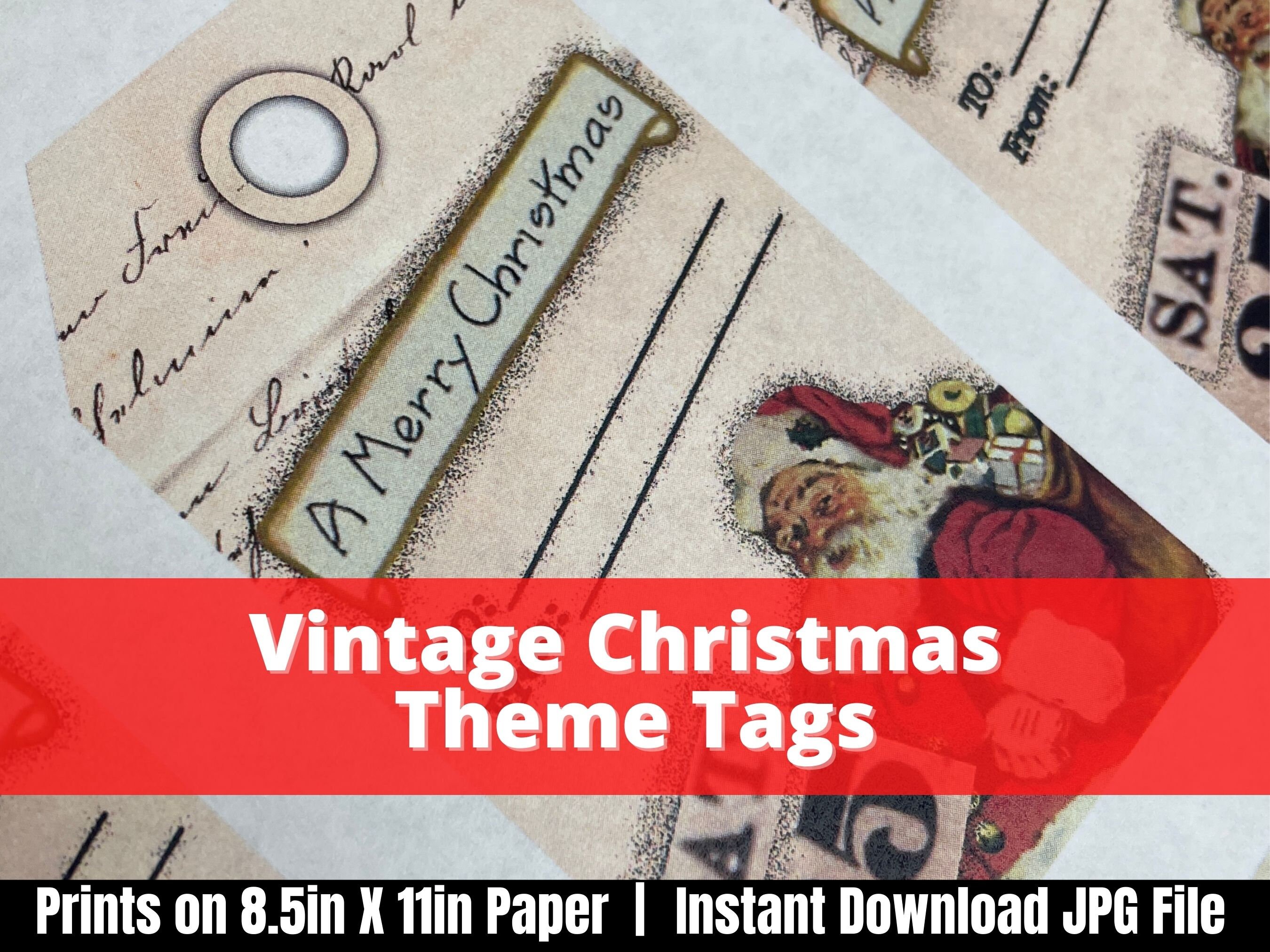 Vintage Christmas Printable Tag, Santa Clause Themed Gift Card, Happy Holidays Cutout Paper Labels