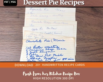 20 Pie Vintage Recipe Cards, Antique Recipes, vintage ephemera pack, recipe cards, old cards, handwritten Digital Download