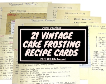 21 Antique Cake Frosting Recipes, vintage ephemera pack, vintage recipe cards, old recipe cards, handwritten typed Digital Download