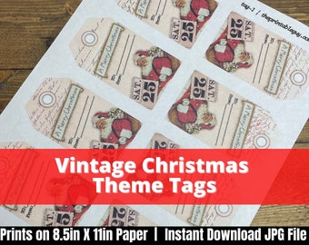 Vintage Christmas Printable Tag, Santa Clause Themed Gift Card, Happy Holidays Cutout Paper Labels