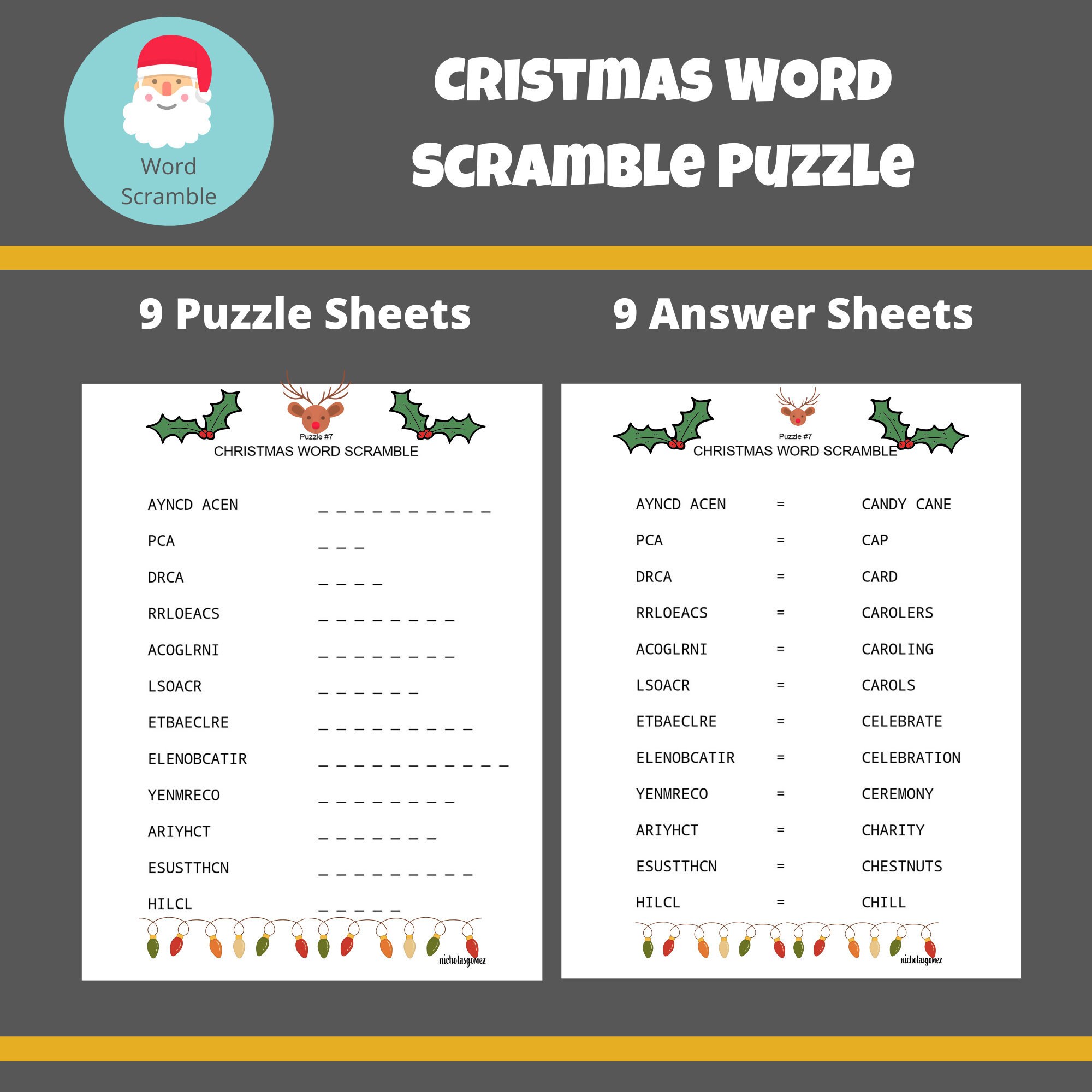 christmas theme printable word scramble puzzle pdf instant etsy