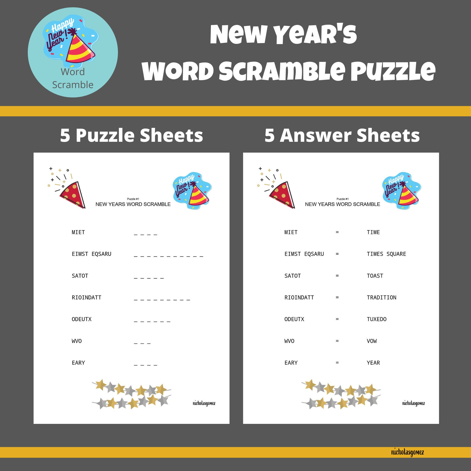new years theme printable word scramble puzzle pdf instant etsy