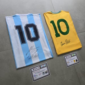 Pele & Diego Maradona SIGNED Brazil and Argentina World Cup shirts jersey + COA - PROOF , Messi  Ronaldo shirt