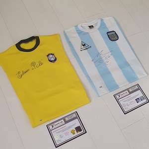 Pele & Diego Maradona SIGNED Brazil and Argentina World Cup shirts jersey + COA - PROOF , Messi  Ronaldo shirt