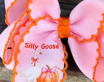 Pink Fall Silly Goose Hair Bow for girls | Halloween Hair Accessory