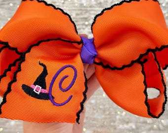 Personalized Witch Halloween Hair Bow | Fall Orange Hair Accessory for Girls