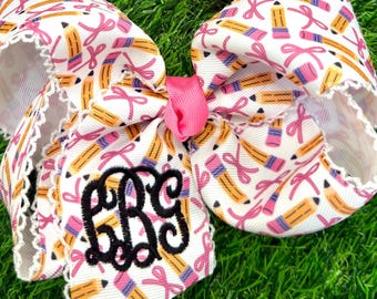 Monogram Pencil Bow with White and Pink – Personalized Back to School Hair Accessory