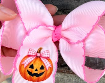 Pink Pumpkin Jack-o-lantern Hair Bow for girls | Halloween Hair Accessory