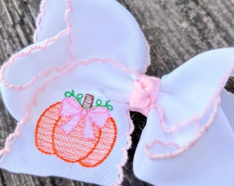 Pink Pumpkin Embroidered Hair Bow | Halloween Hair Accessory for Girls