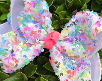 XL Neon Bright Sparkle Sequin White Hair Bow | Perfect Pageant Hair Accessory